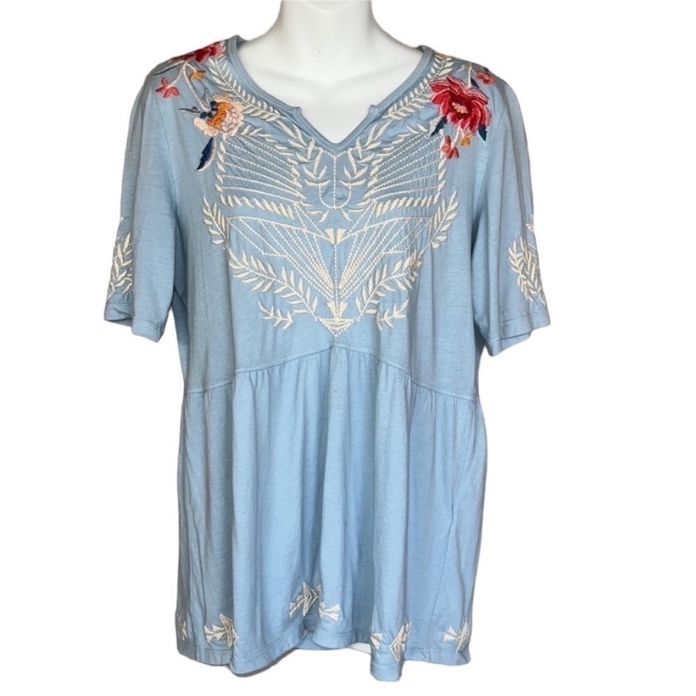 Johnny Was Floral Embroidered Short Sleeve V-Neck Top - Picture 3 of 12